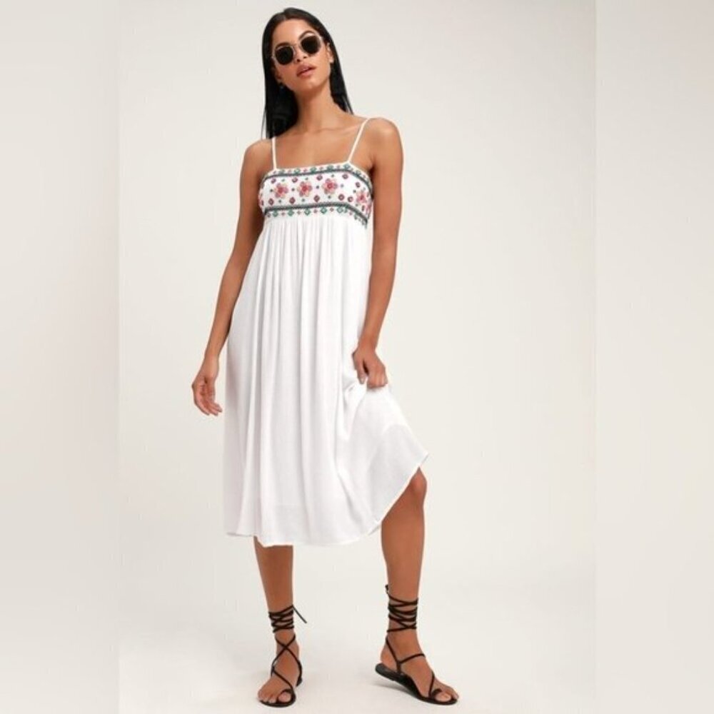 Lulu's Free and Breezy White Embroidered Midi Dress